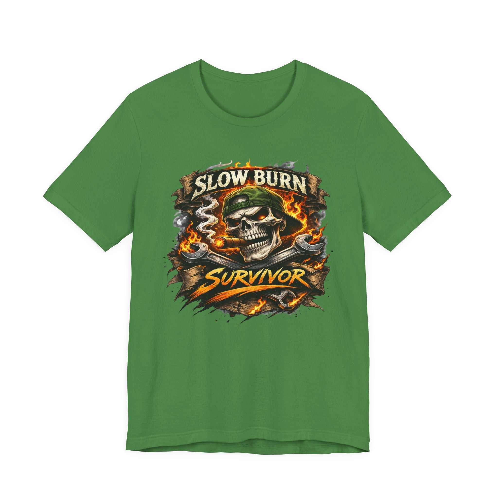 Slow Burn Survivor T‑Shirt — Skull Flame Vintage Motorcycle Tee