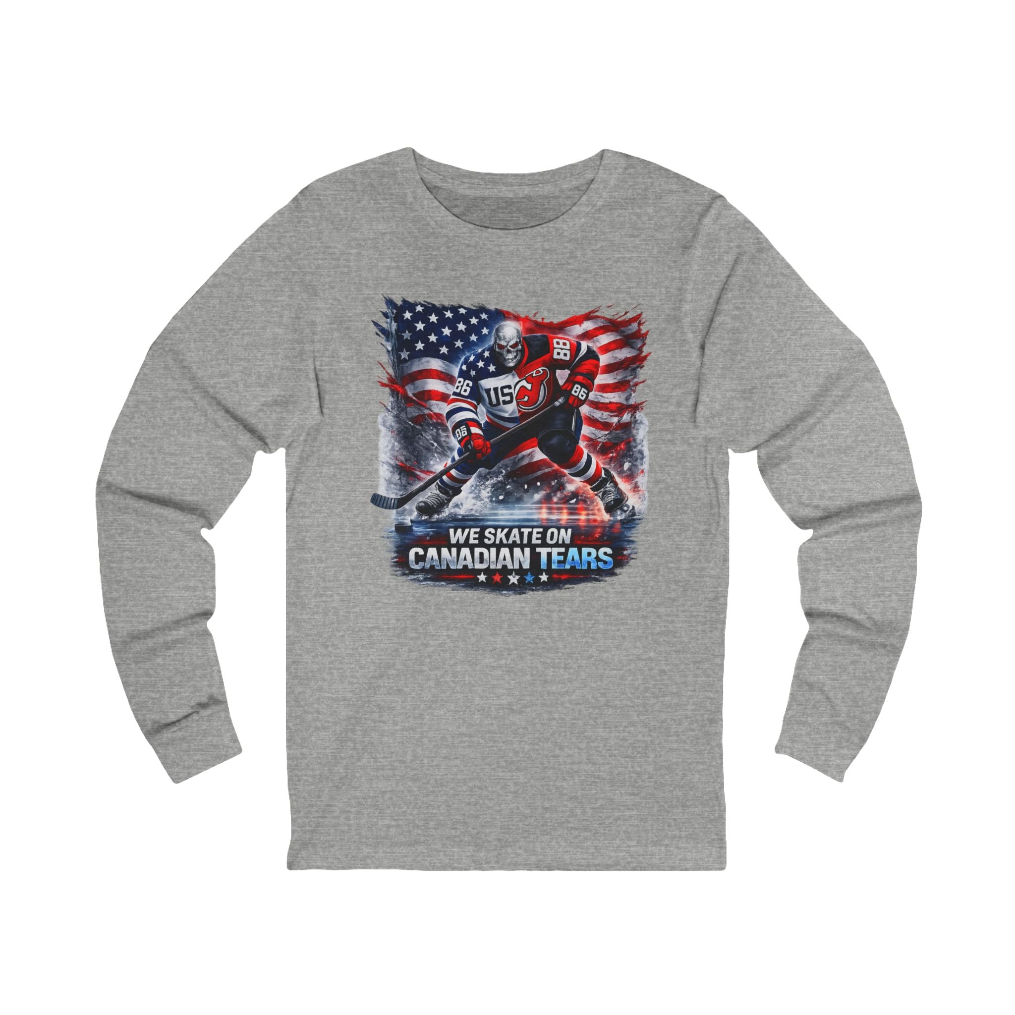 Hockey Long Sleeve Tee — We Skate on Canadian Tears (USA Flag Graphic)