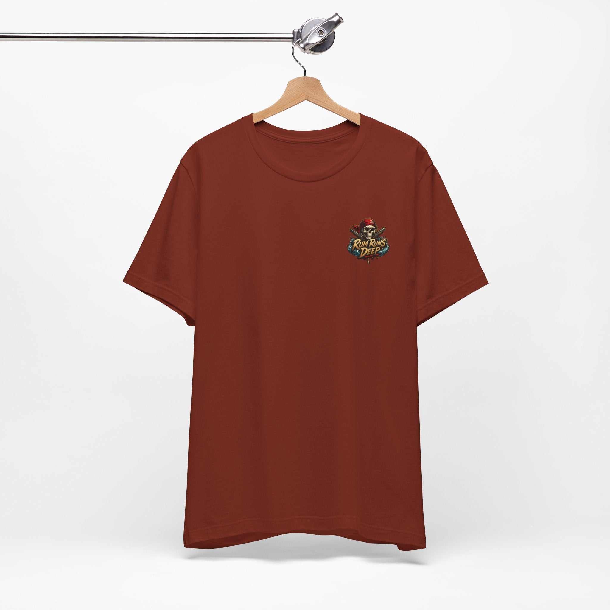 Rum Runs Deep pirate pinup T-shirt with vibrant island and pirate emblem design on breathable cotton
