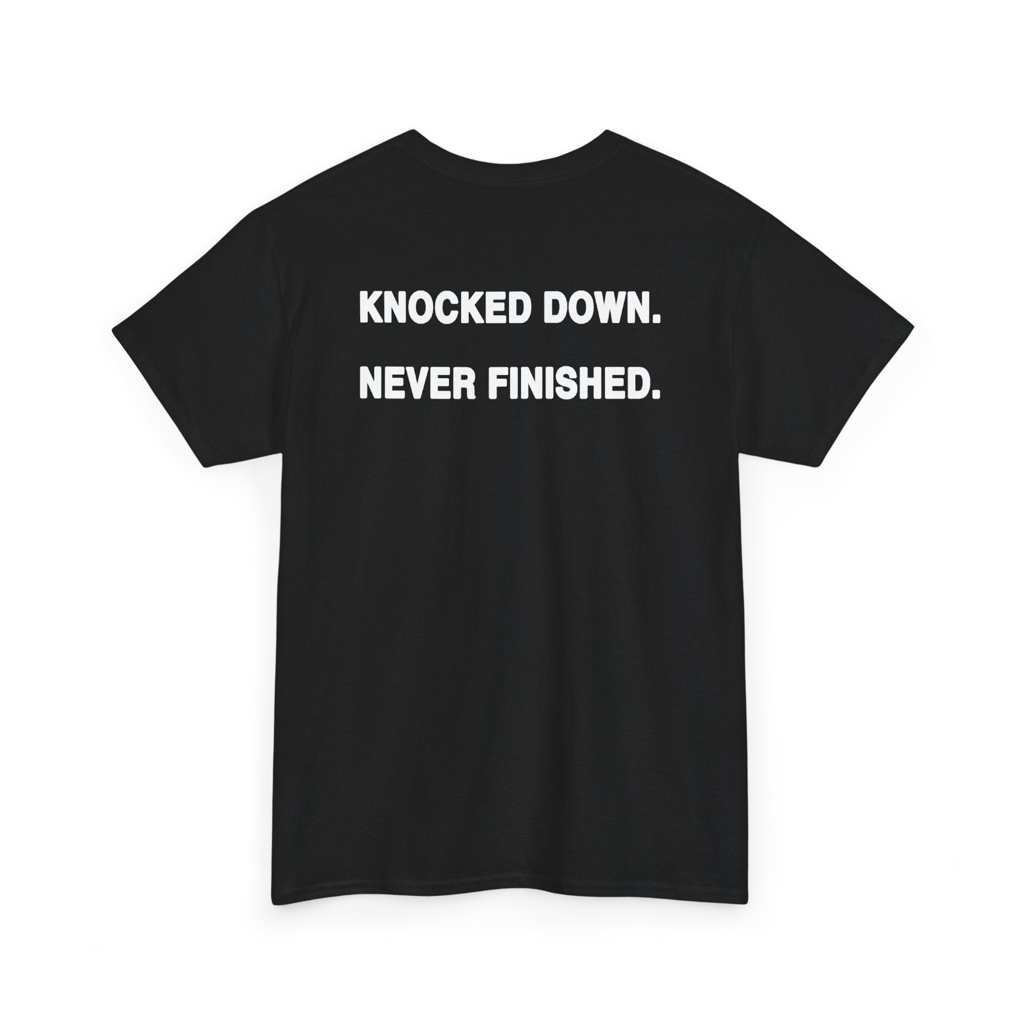 Graphic Tee — “Knocked Down. Never Finished.” Motivational Skull T-Shirt