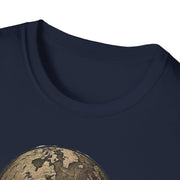Navy Atlas Strength Unisex Softstyle T-Shirt with bold gold globe graphic and crew neckline