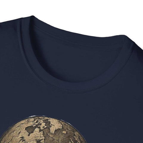 Navy Atlas Strength Unisex Softstyle T-Shirt with bold gold globe graphic and crew neckline