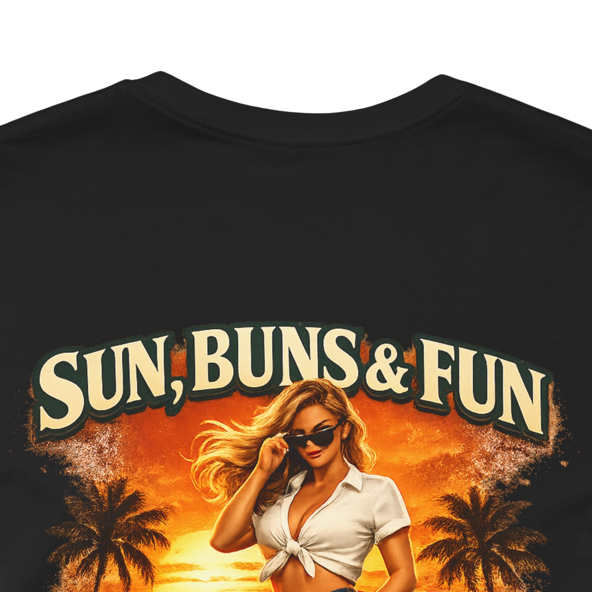 Sun, Buns & Fun Retro Pinup Tee – Vintage Hot Rod Beach T-Shirt