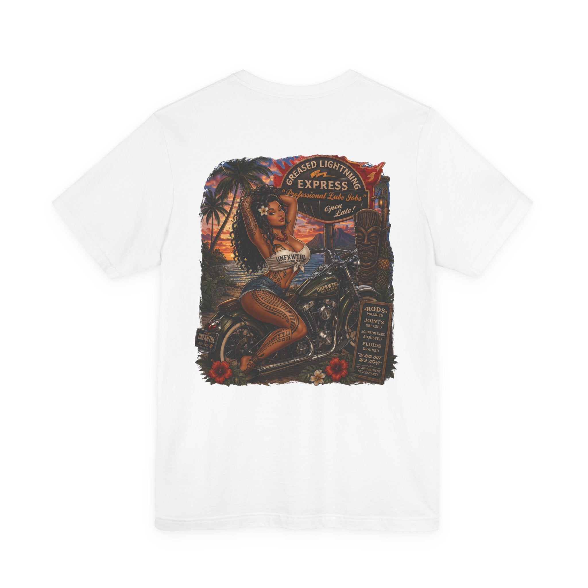 Motorcycle Pin-Up Tee — Sunset Riders Graphic T-Shirt