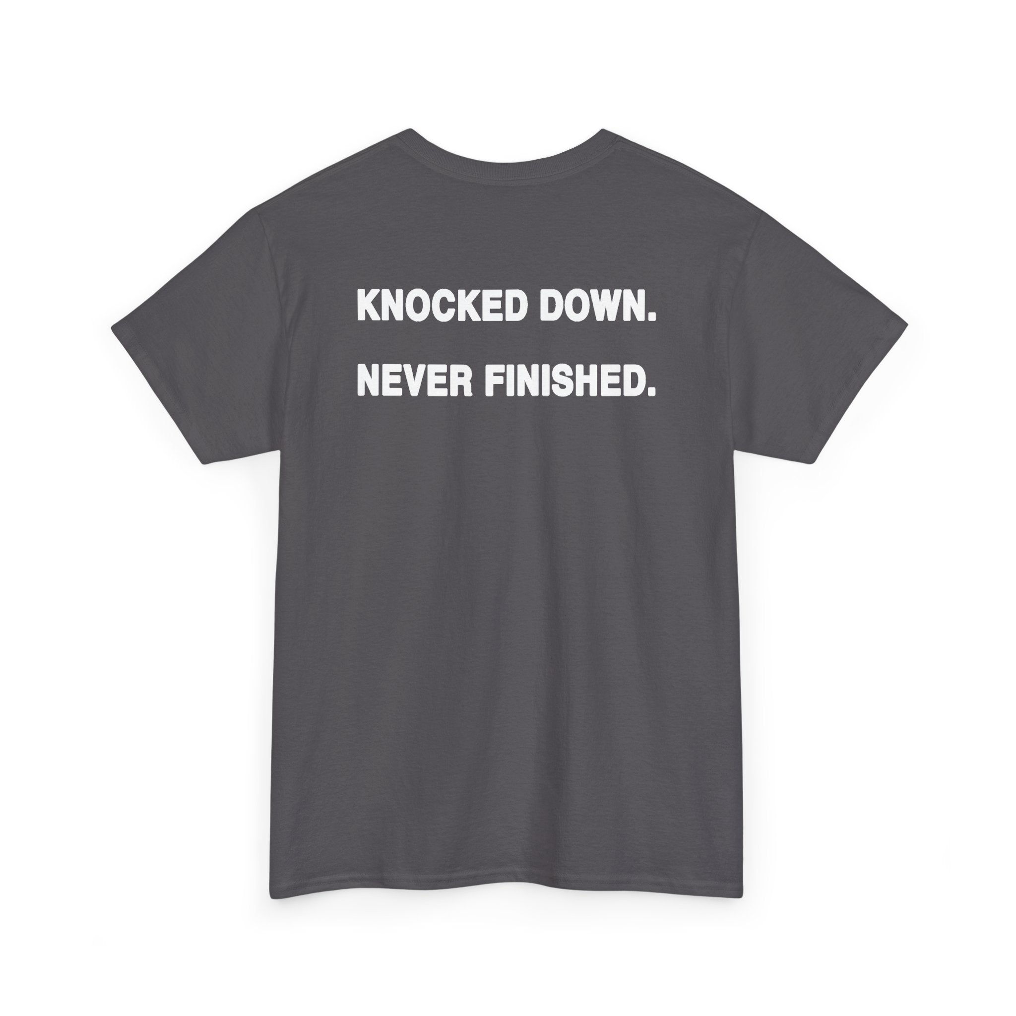 Graphic Tee — “Knocked Down. Never Finished.” Motivational Skull T-Shirt
