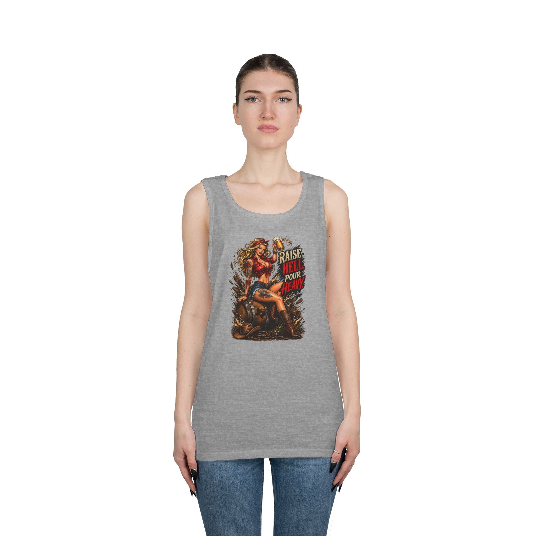 Pinup Biker Tank Top – "Raise Hell, Pour Heavy" Vintage Motorcycle Graphic