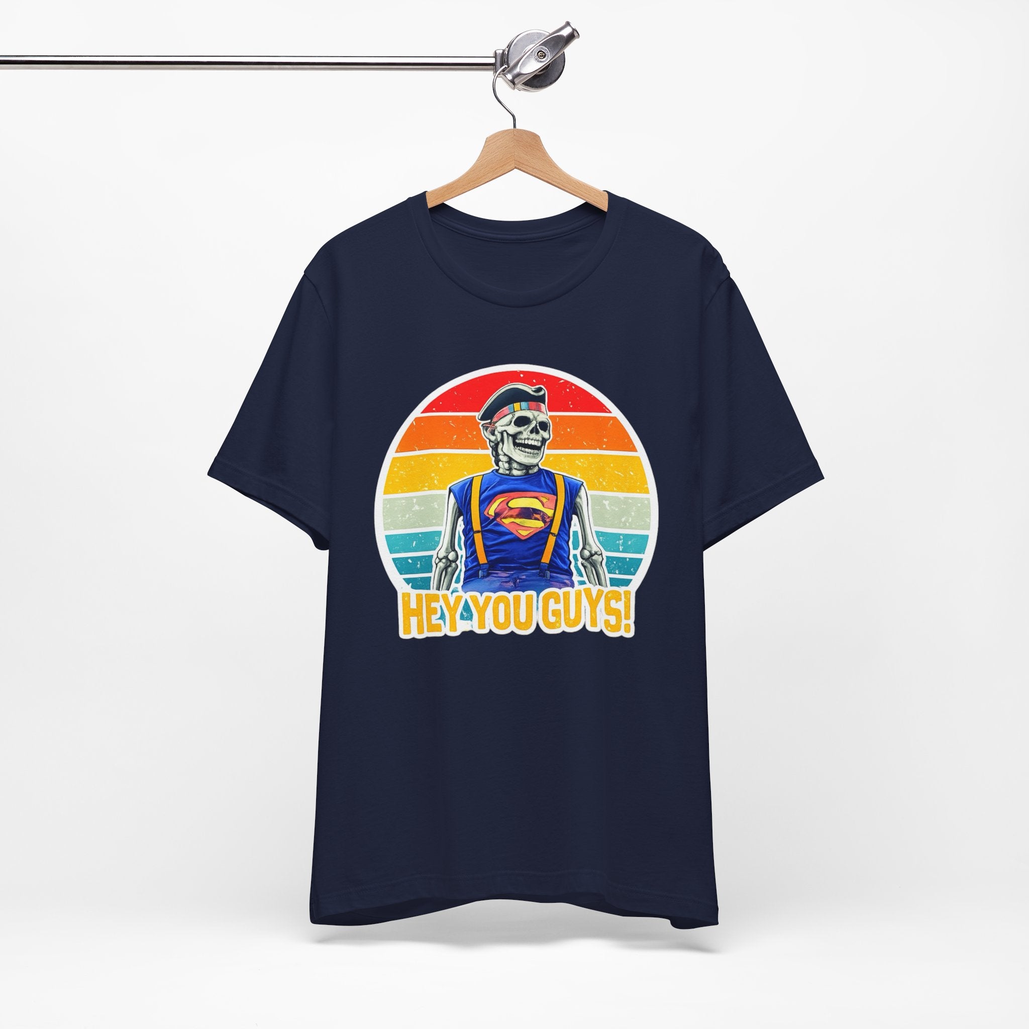 Skeleton Superfan Tee — "Hey You Guys!" Retro Vintage Graphic T-Shirt