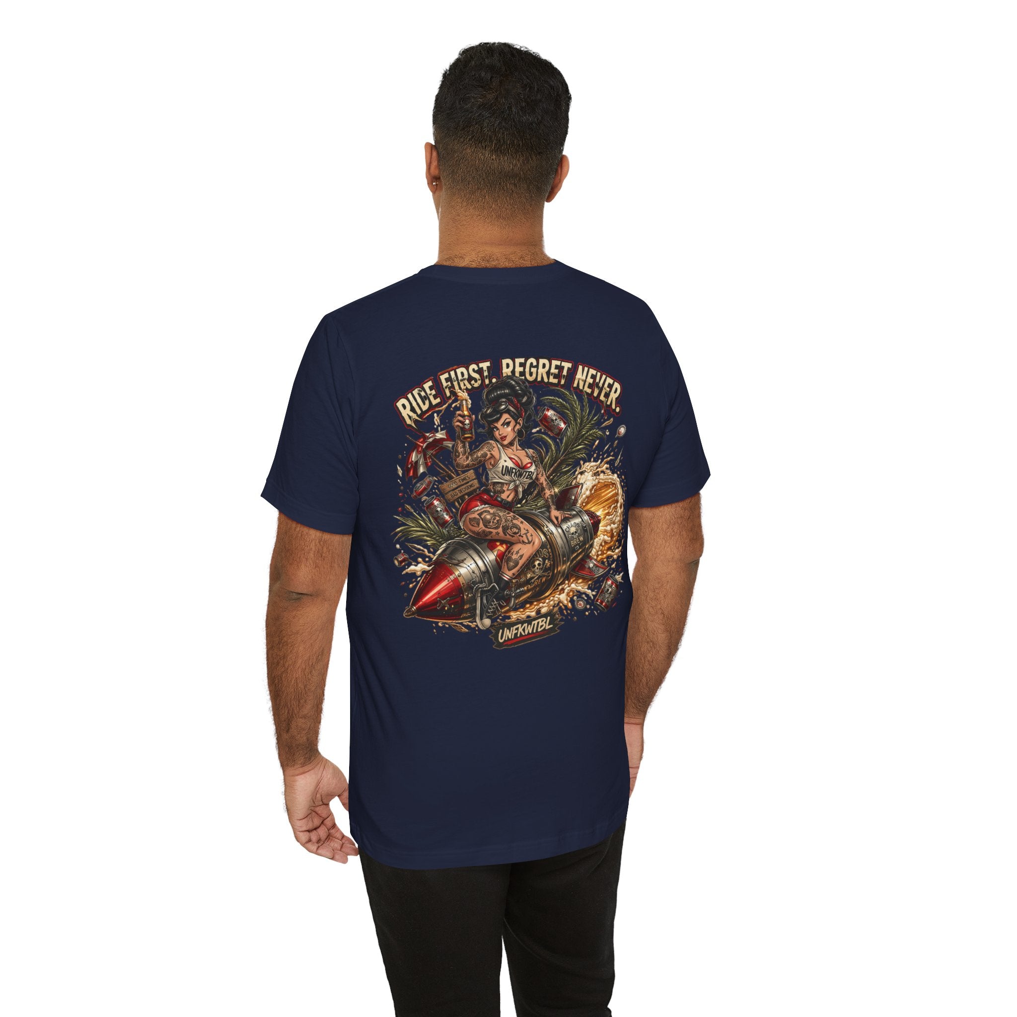 Ride First Regret Never Tee — Vintage Pinup Bomb Girl Motorcycle Graphic Shirt