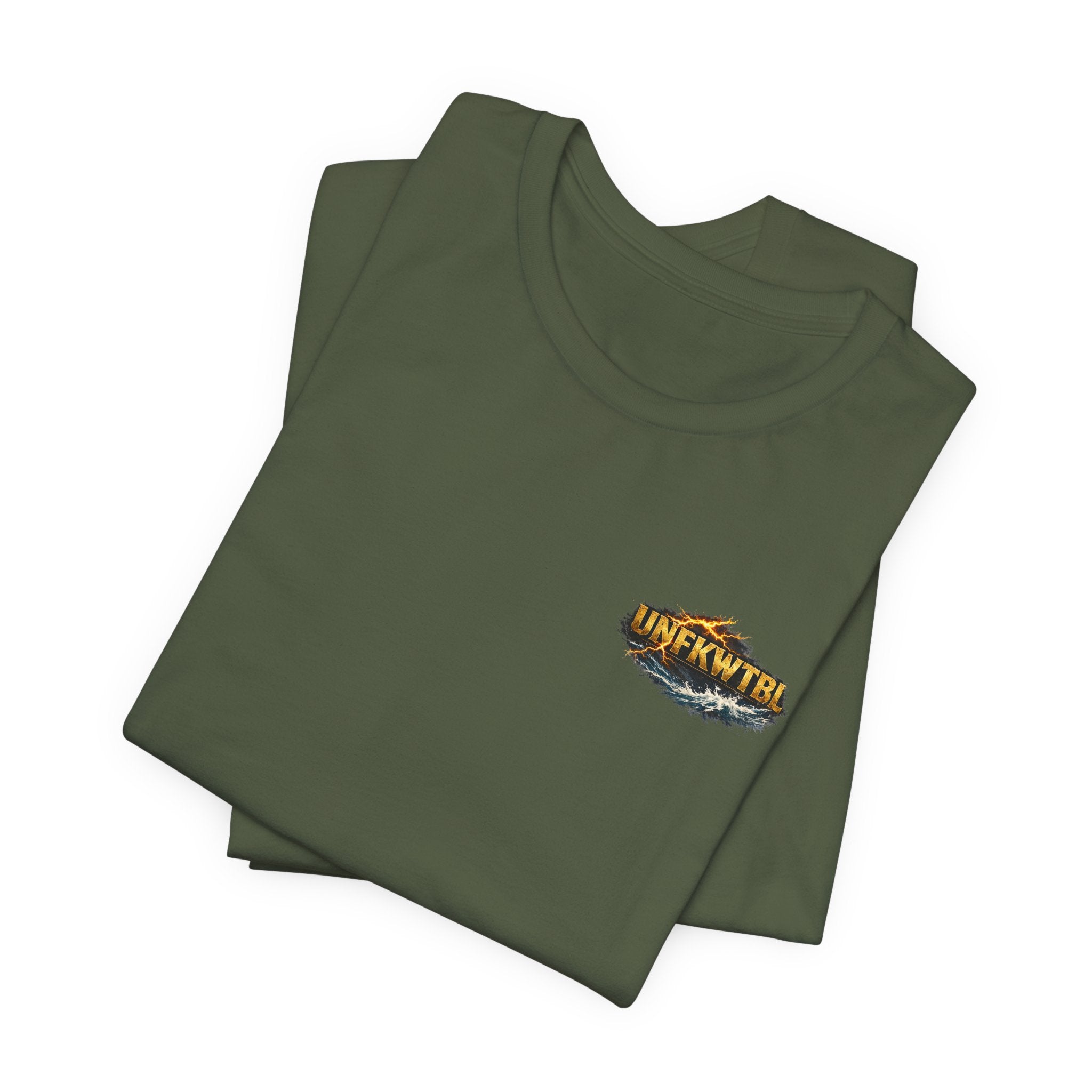 Unfkwtbl Storms Won’t Break Me Graphic Tee — Muscular Warrior Lightning & Ocean Back Print