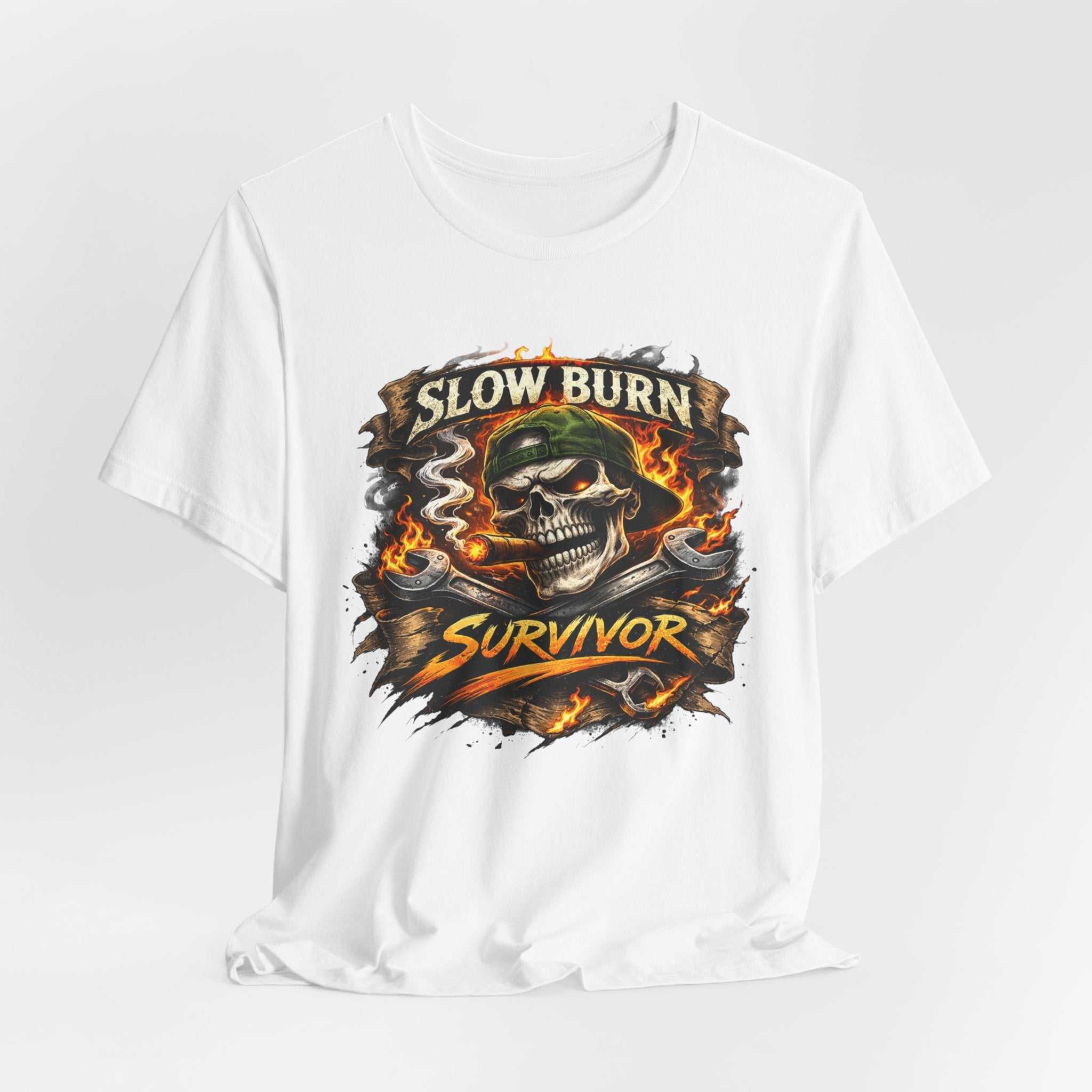 Slow Burn Survivor T‑Shirt — Skull Flame Vintage Motorcycle Tee