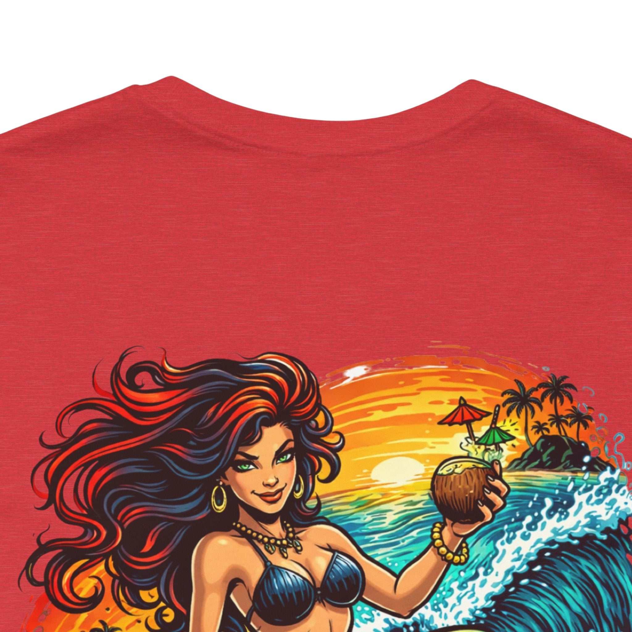 Mermaid Surfer T-Shirt with vibrant retro beach surfing graphic and eco-friendly cotton fabric