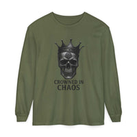 Olive green long sleeve t-shirt featuring a crowned skull graphic with "CROWNED IN CHAOS" text, made from 100% ring-spun cotton.