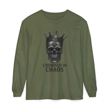 Olive green long sleeve t-shirt featuring a crowned skull graphic with "CROWNED IN CHAOS" text, made from 100% ring-spun cotton.