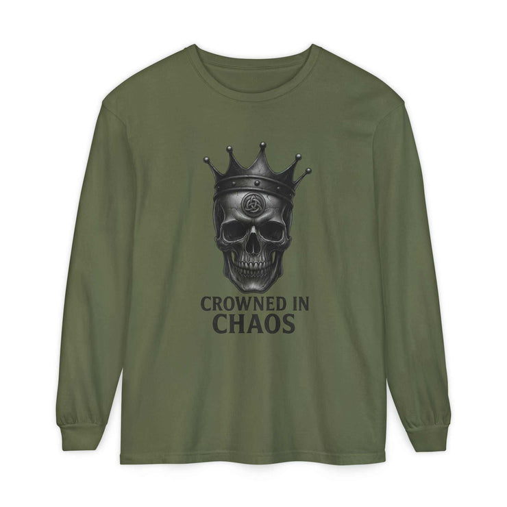 Olive green long sleeve t-shirt featuring a crowned skull graphic with "CROWNED IN CHAOS" text, made from 100% ring-spun cotton.