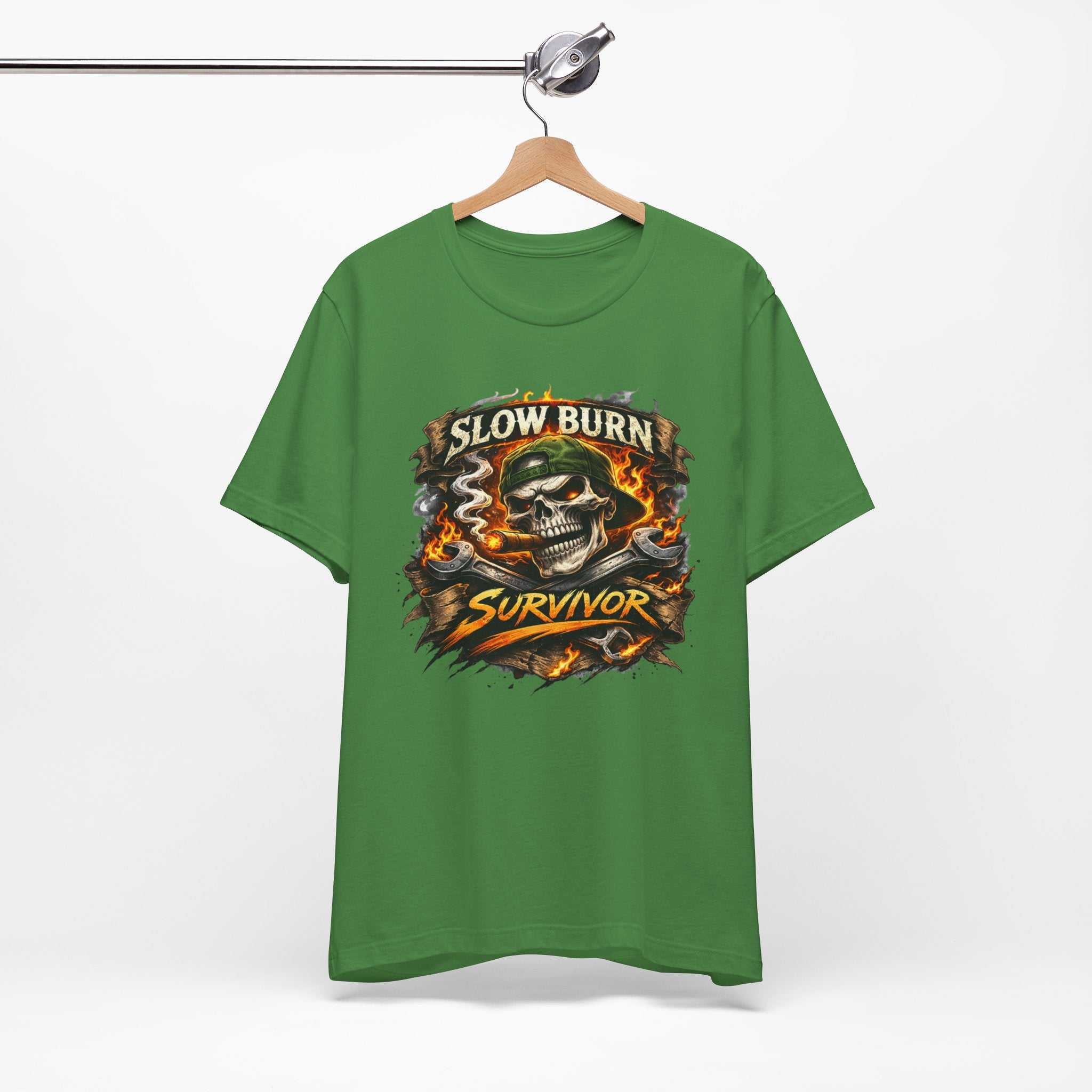 Slow Burn Survivor T‑Shirt — Skull Flame Vintage Motorcycle Tee