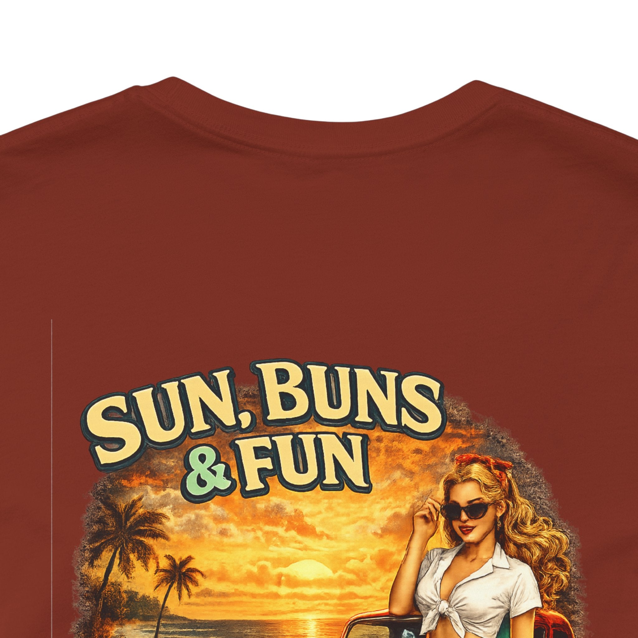 Sun, Buns & Fun Tee — Retro Pin-Up Hot Rod Beach T-Shirt