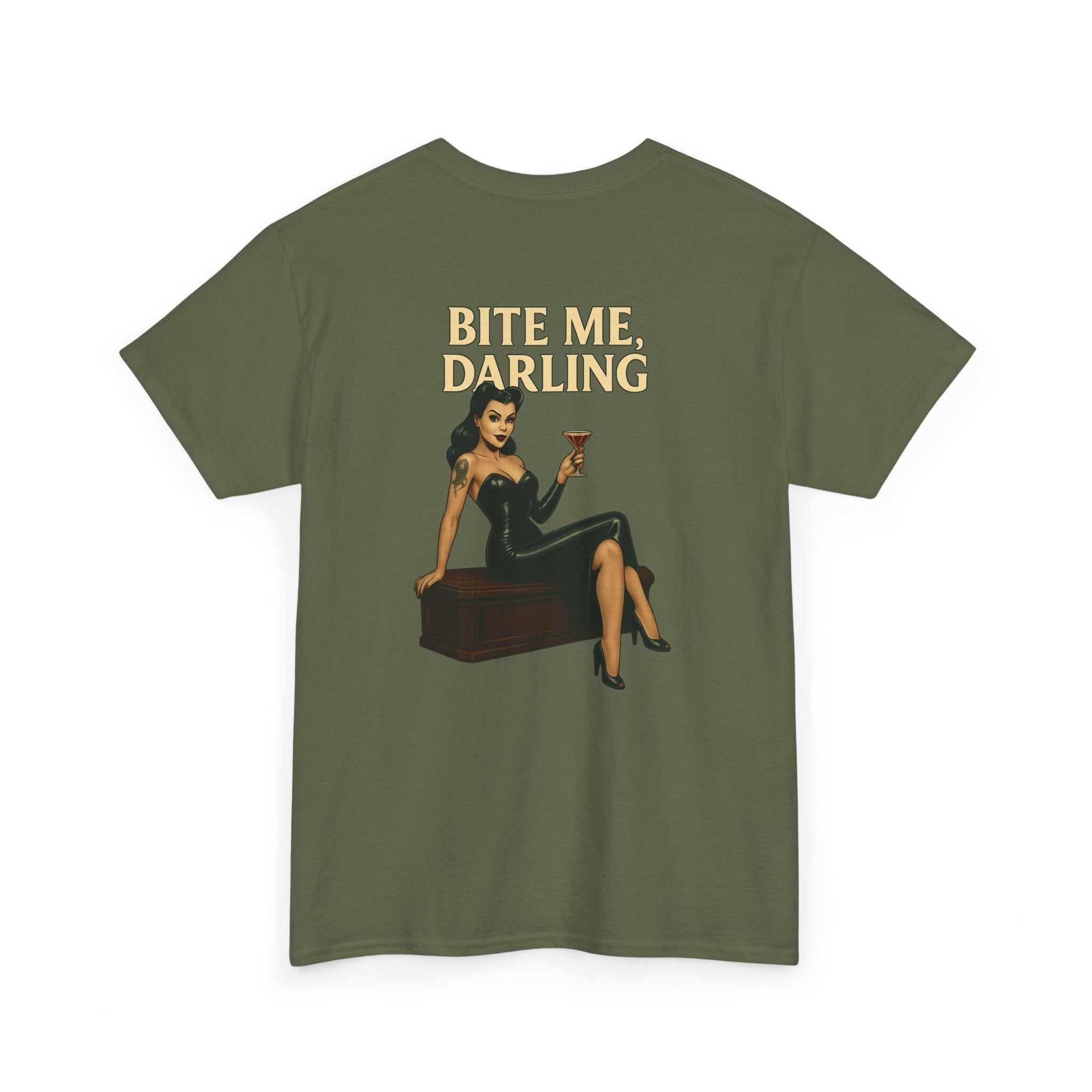 Dracula's Queen vampire graphic unisex black t-shirt with "Bite Me" text