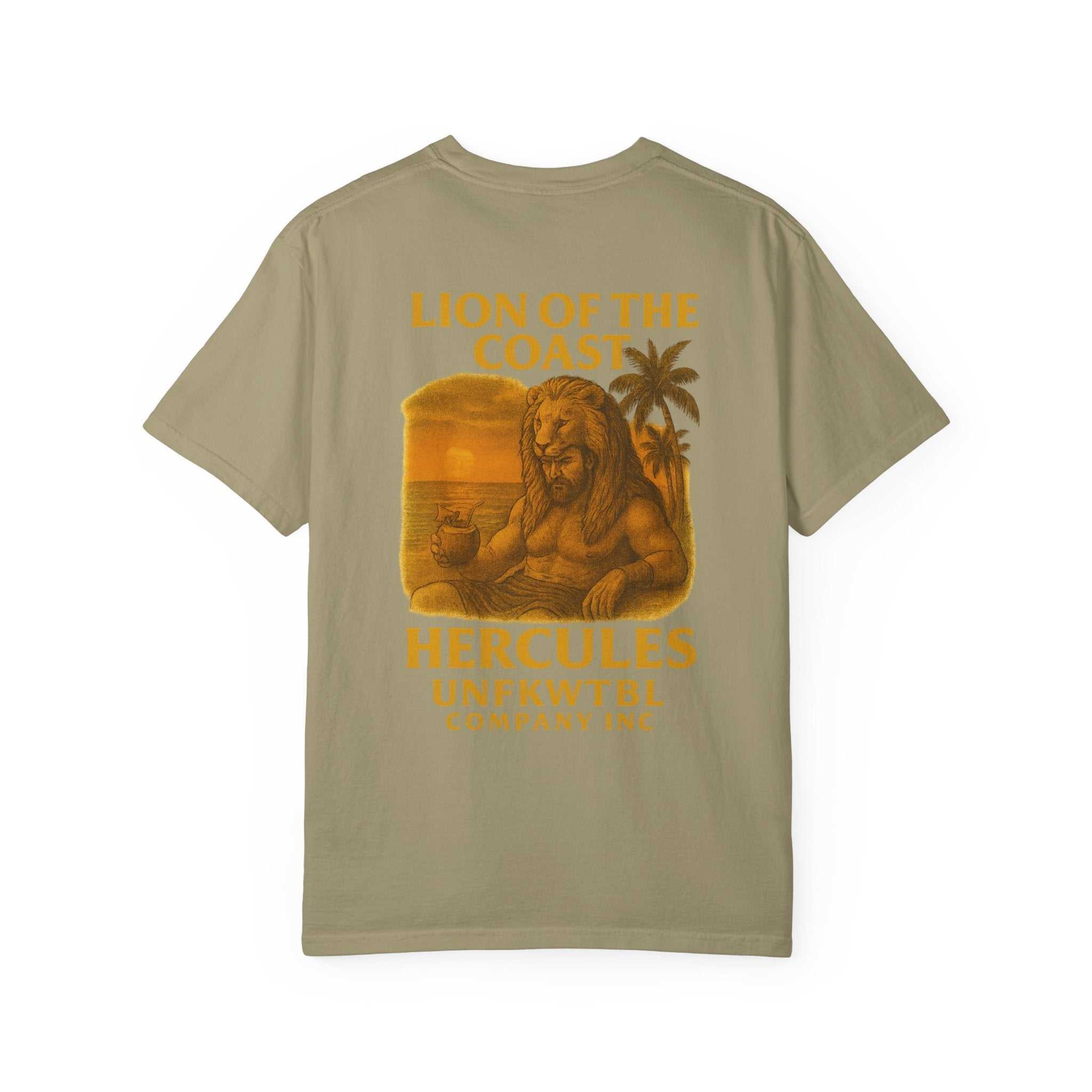 Unisex garment-dyed t-shirt with Lion of the Coast Hercules graphic and beach vibes design
