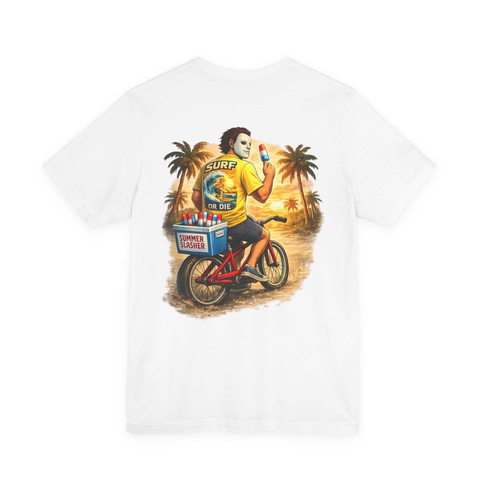 Surf or Die Michael Myers Beach Bike T‑Shirt — Retro Horror Summer Tee