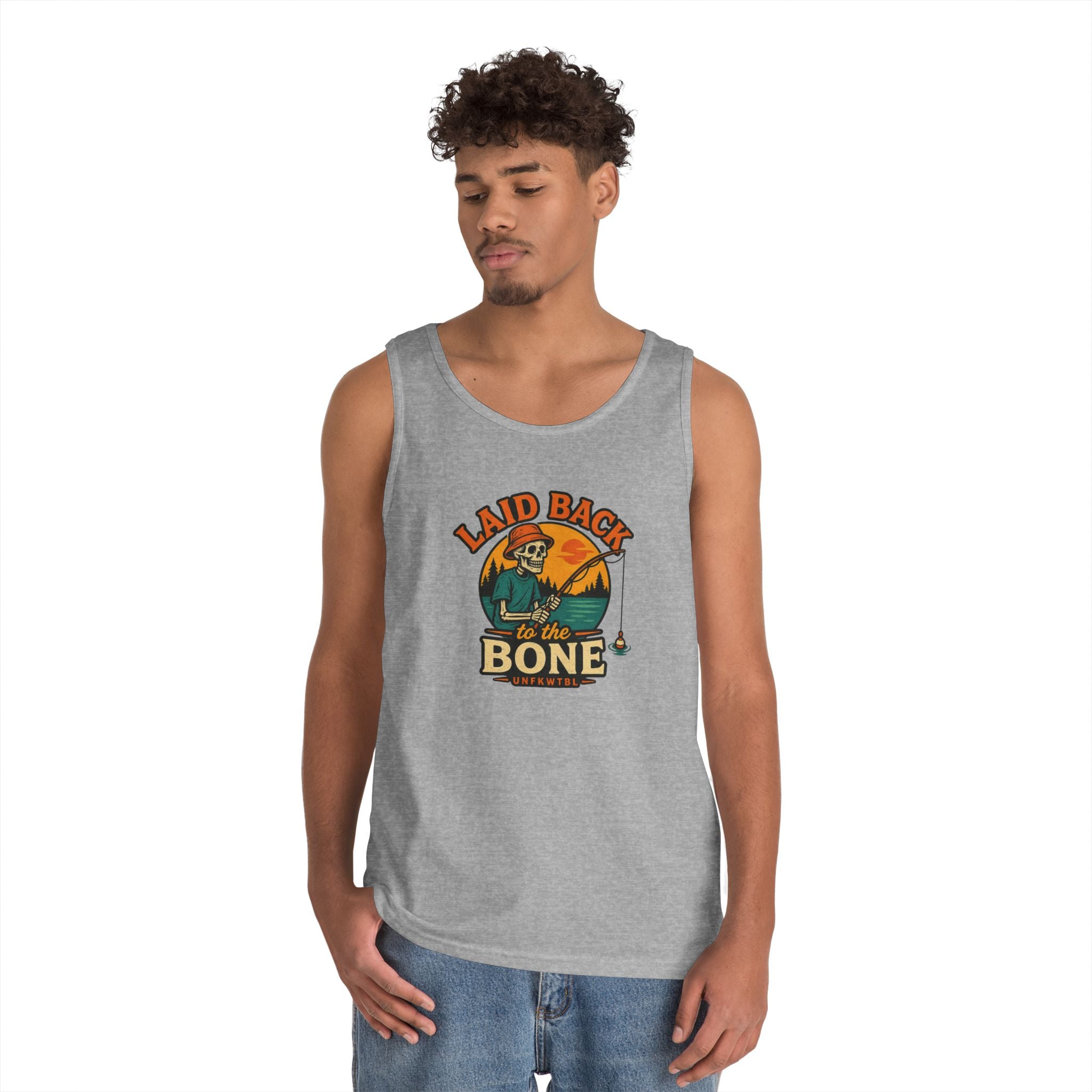 Laid Back to the Bone Tank Top — Retro Skull & Sunset Summer Graphic