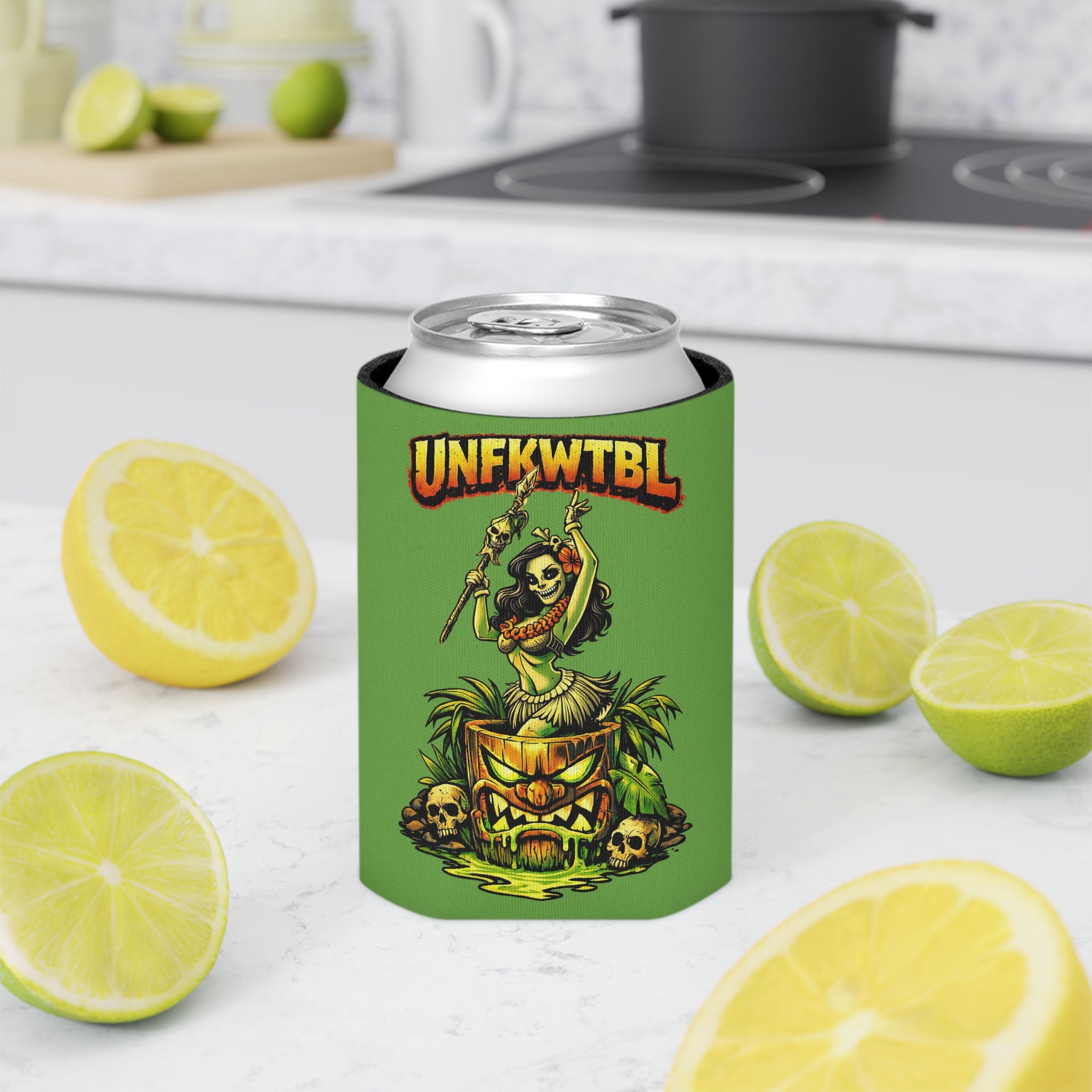 Can Cooler — "Stay Cold. Remain UNFKWTBL" Tropical Skull Beer Koozie