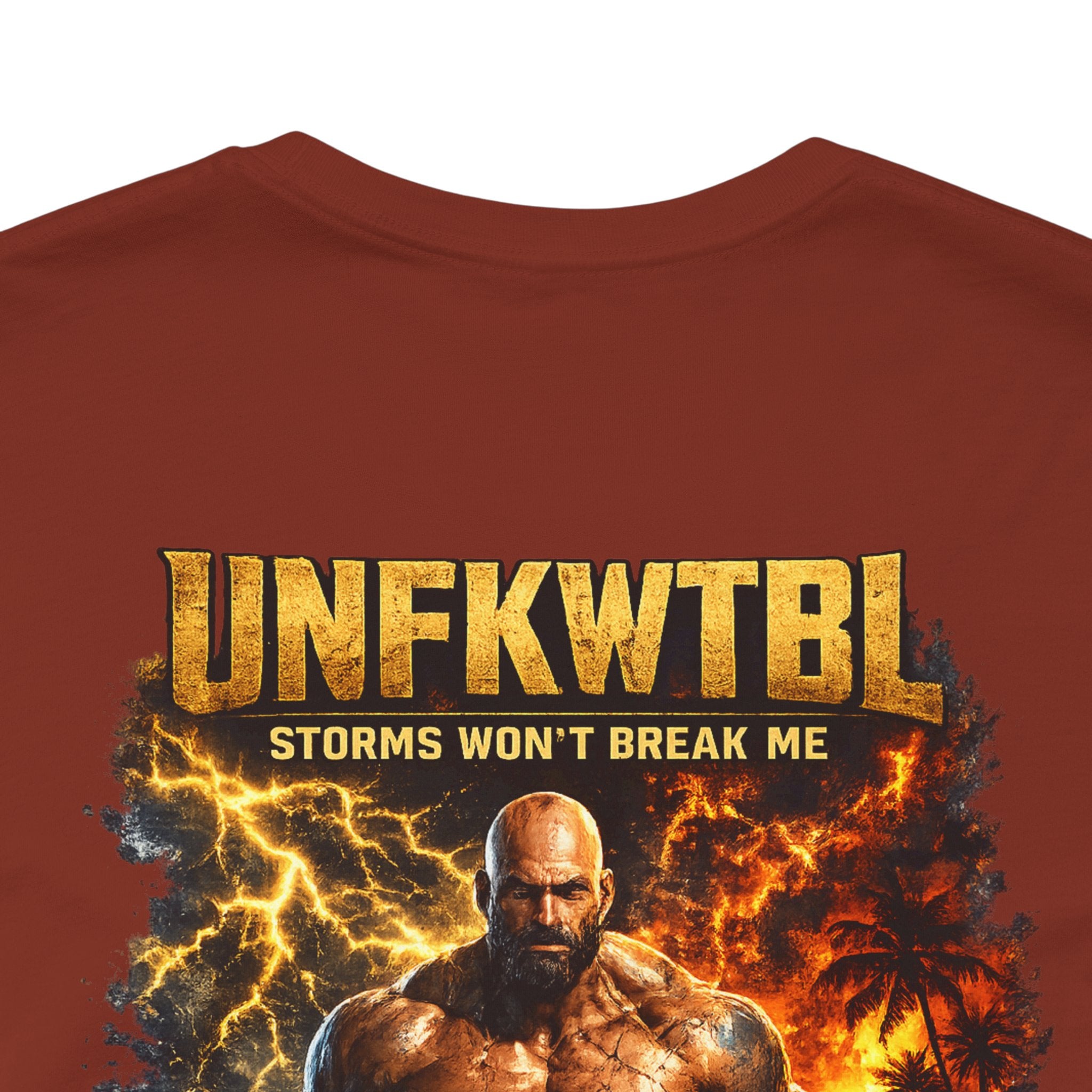 Unfkwtbl Storms Won’t Break Me Graphic Tee — Muscular Warrior Lightning & Ocean Back Print
