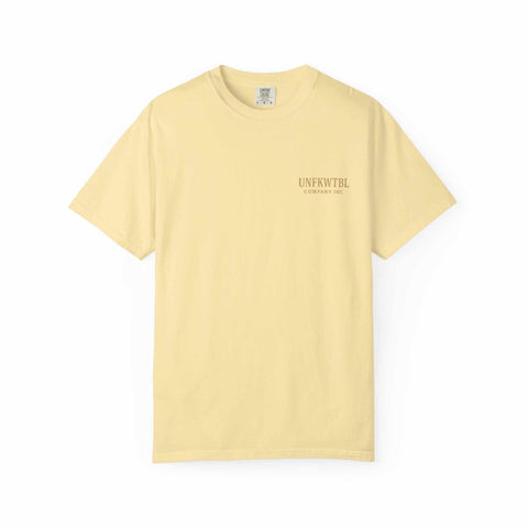 Medusa Beauty Unisex T-shirt in soft yellow with small UNFKWTBL logo, made of 100% ring-spun cotton, relaxed fit, crew neckline.