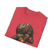 Folded red Atlas Strength Unisex Softstyle T-Shirt featuring a bold graphic of Atlas carrying a cracked, glowing earth.