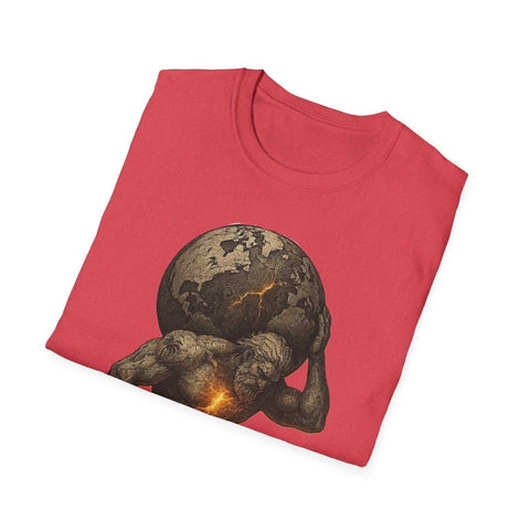 Folded red Atlas Strength Unisex Softstyle T-Shirt featuring a bold graphic of Atlas carrying a cracked, glowing earth.