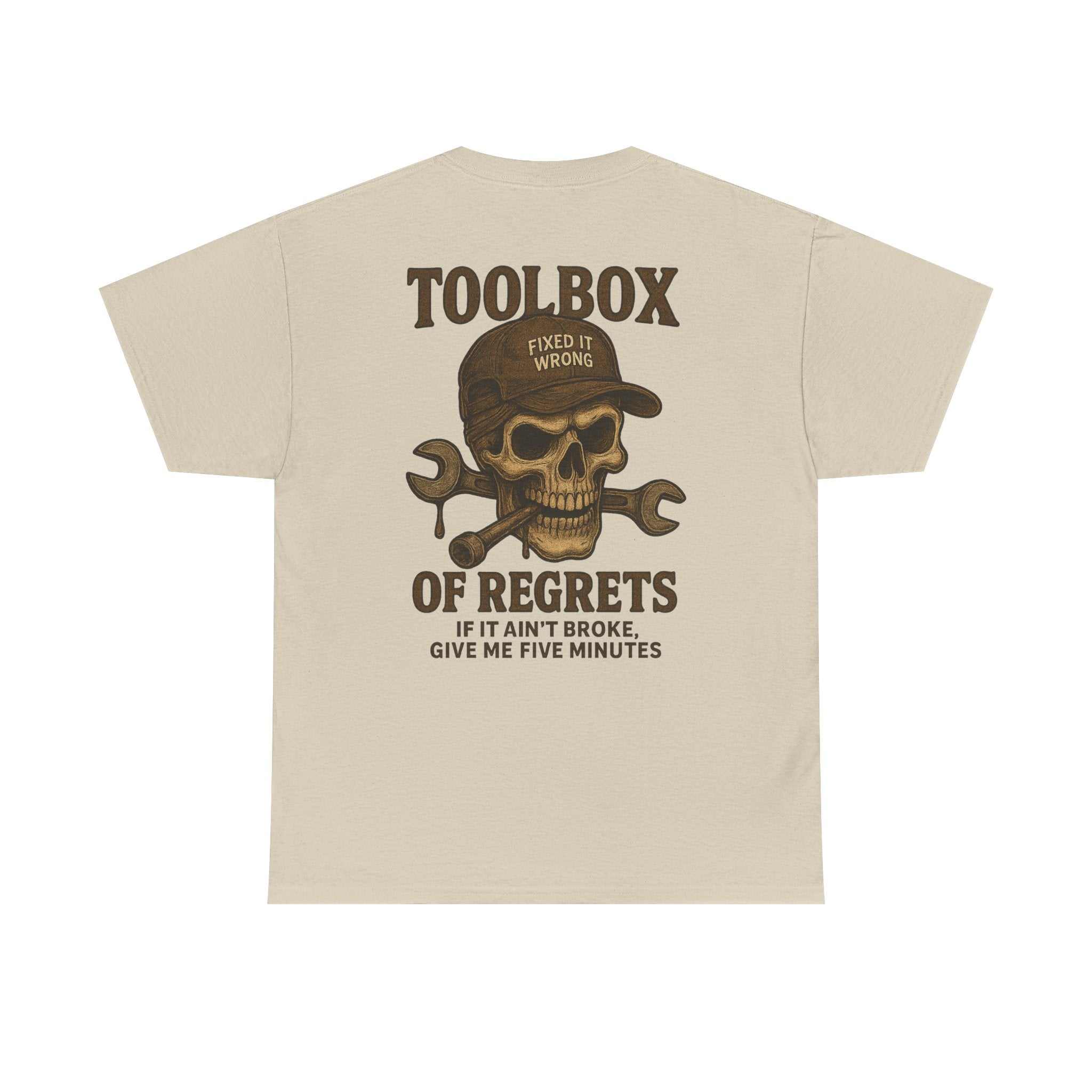 Toolbox of Regrets t-shirt with vintage skull and wrenches graphic, durable cotton tee for mechanics and workshop fans