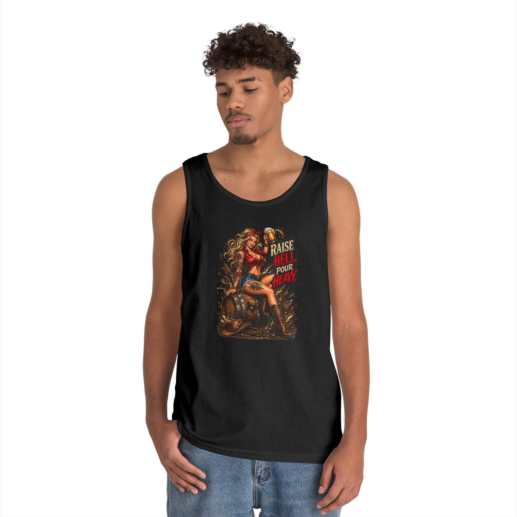Pinup Biker Tank Top – "Raise Hell, Pour Heavy" Vintage Motorcycle Graphic