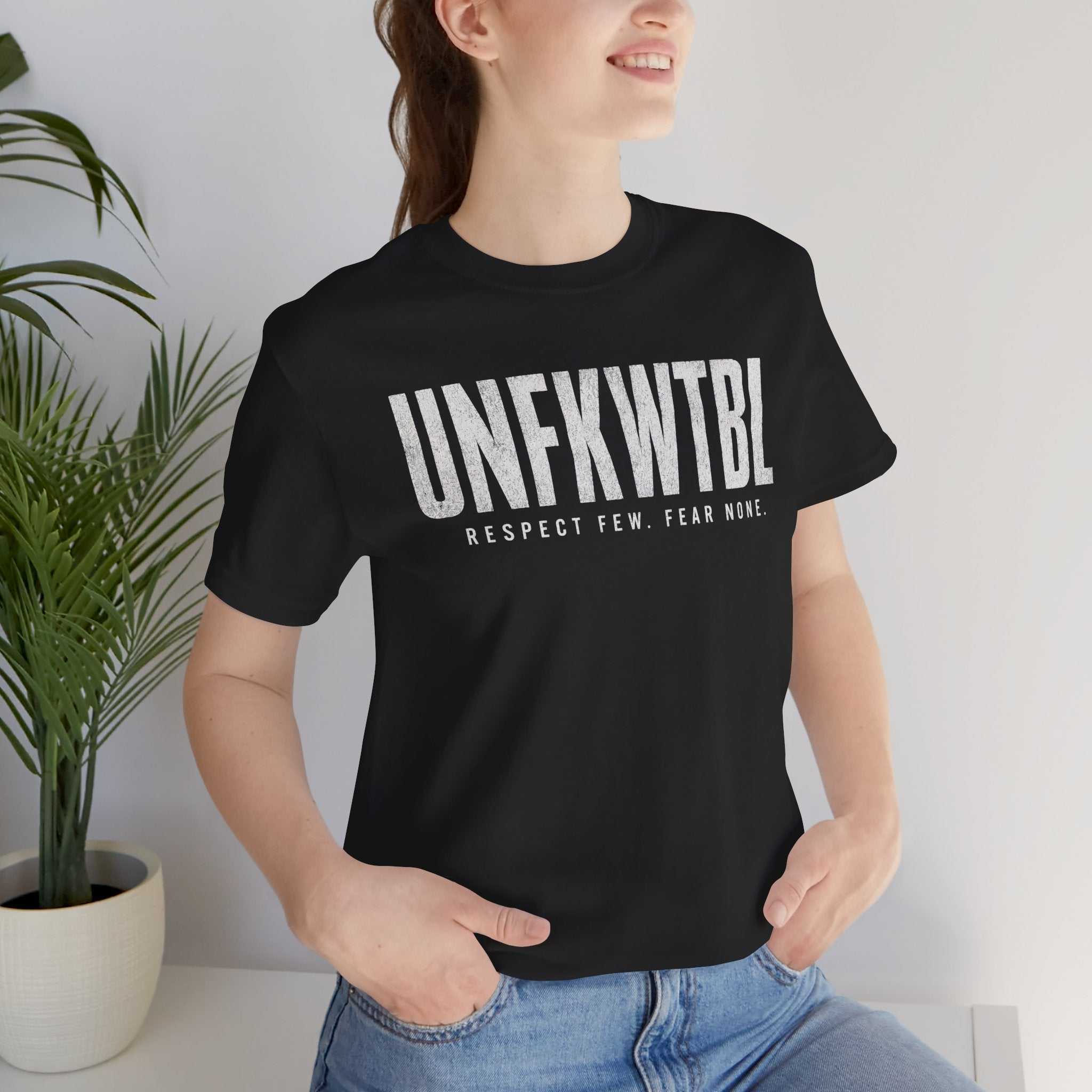 UNFKWTBL 'Respect Few Fear None' graphic t-shirt in lightweight breathable cotton with bold chest lettering and distressed print.