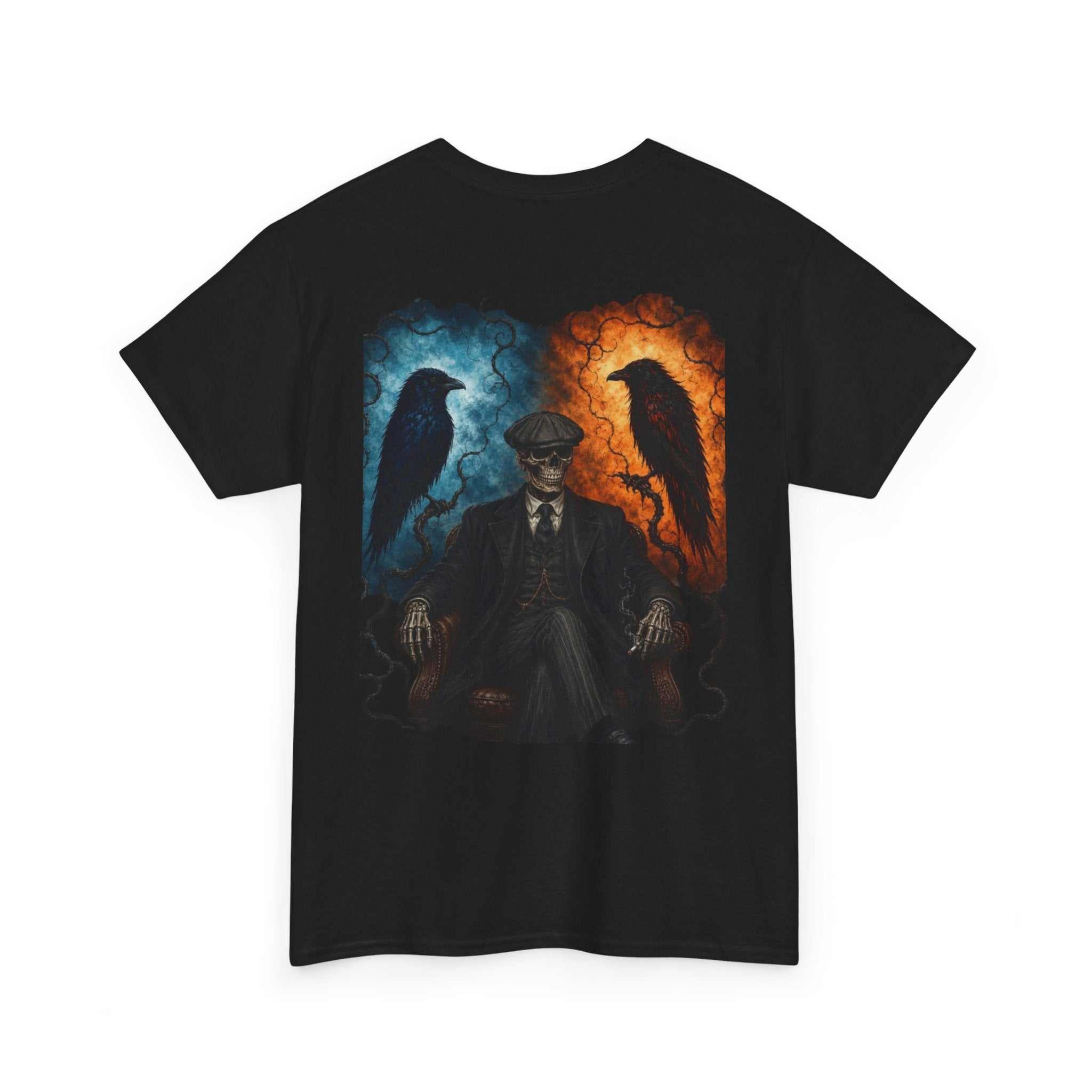 Peaky Blinders Raven Graphic Tee with Thomas Shelby design featuring blue and orange ravens on the back of a black cotton shirt
