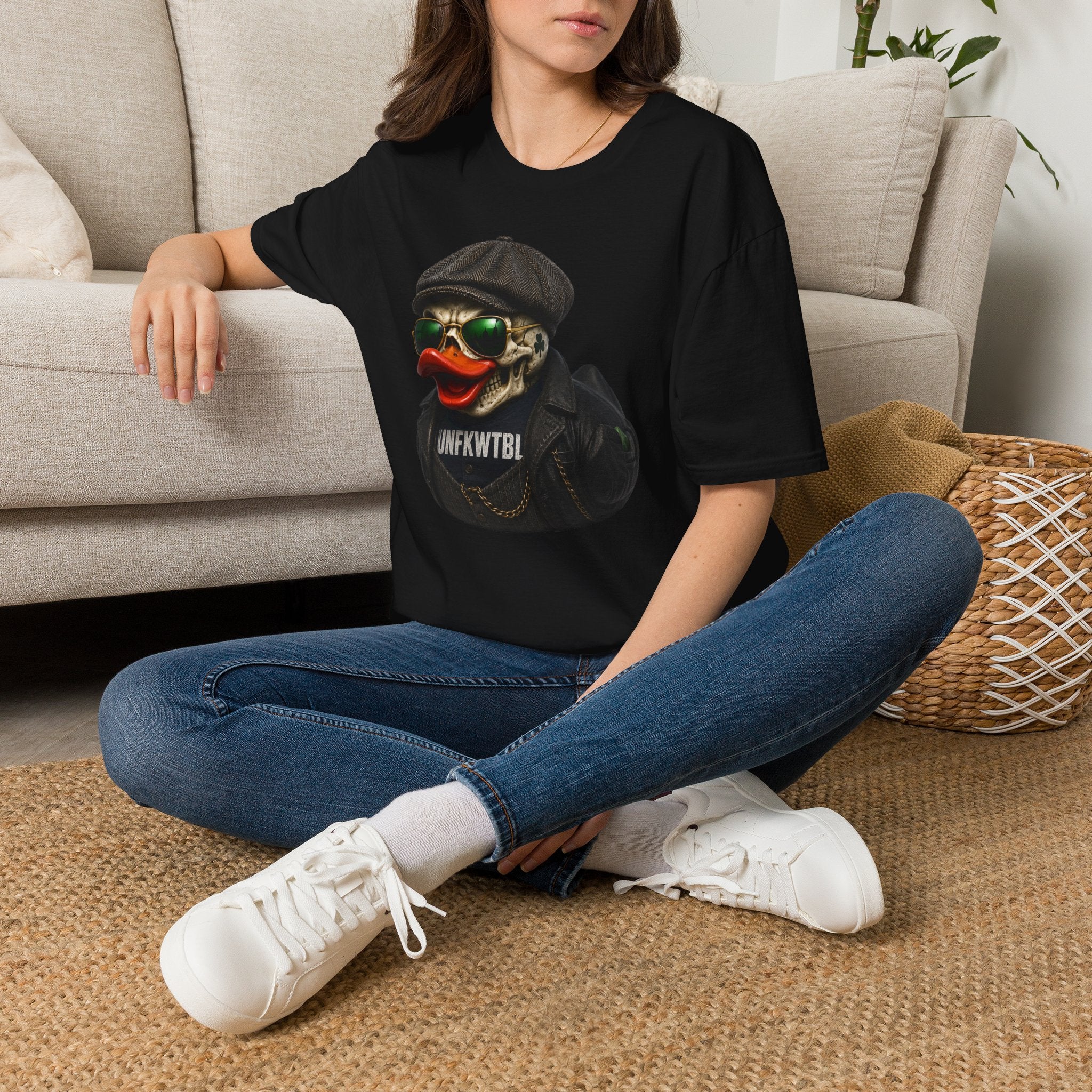 Skull Duck Graphic T-Shirt — Retro Biker Hat & Aviator Sunglasses Design