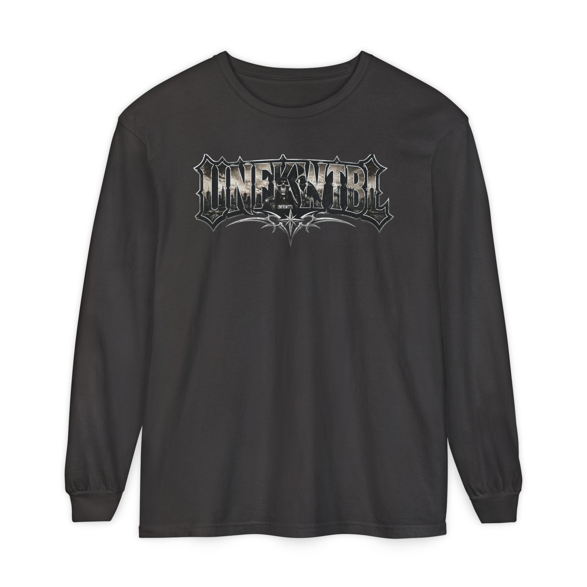 Metal Logo Long Sleeve T‑Shirt — 'UNDEFEATED' Gothic Graphic