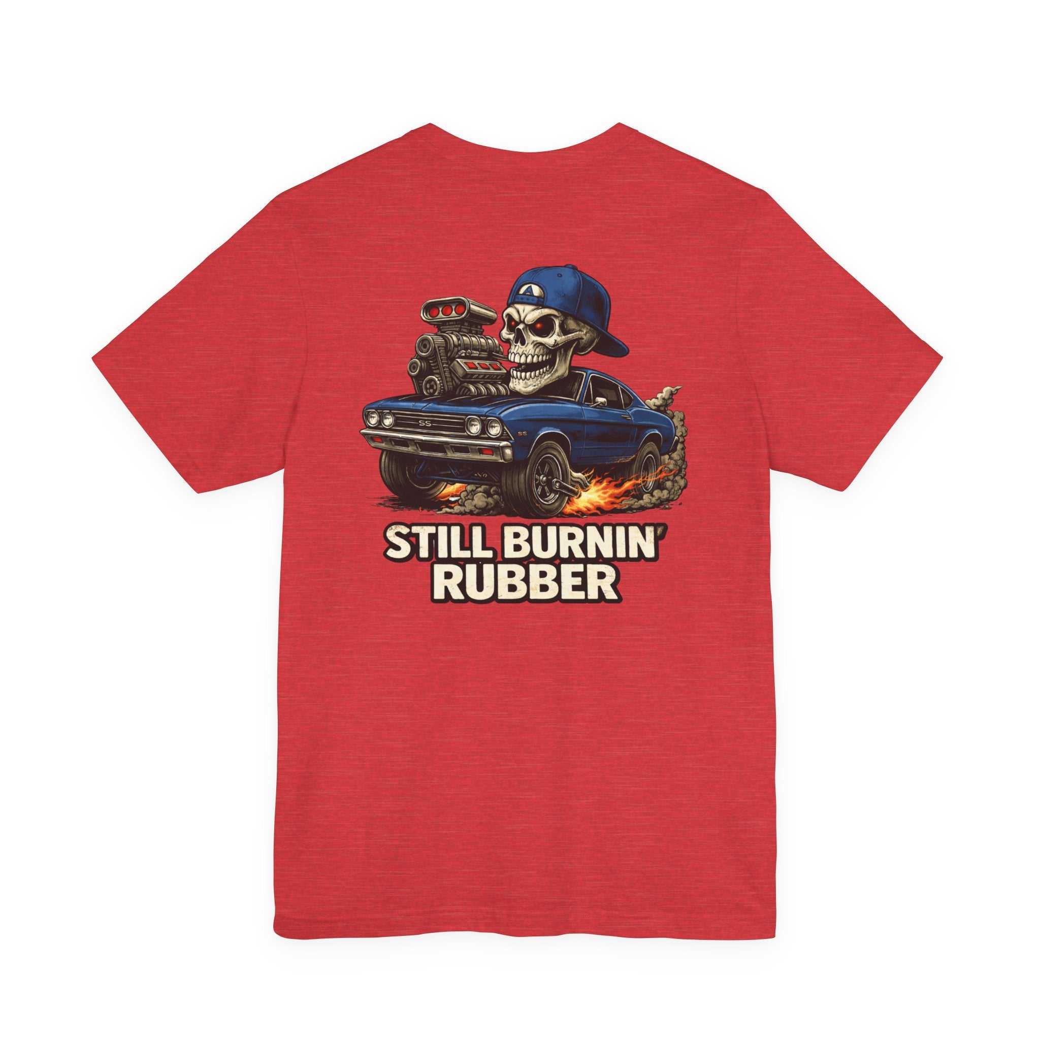 Burnout Skull Muscle Car Tee with grinning skull and flames graphic on lightweight cotton t-shirt