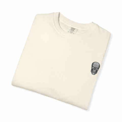 Unisex white tee with killer cocktails design featuring skull graphic on chest pocket area