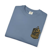 Control the Chaos unisex garment-dyed blue t-shirt with vintage ship graphic, sustainable cotton fabric