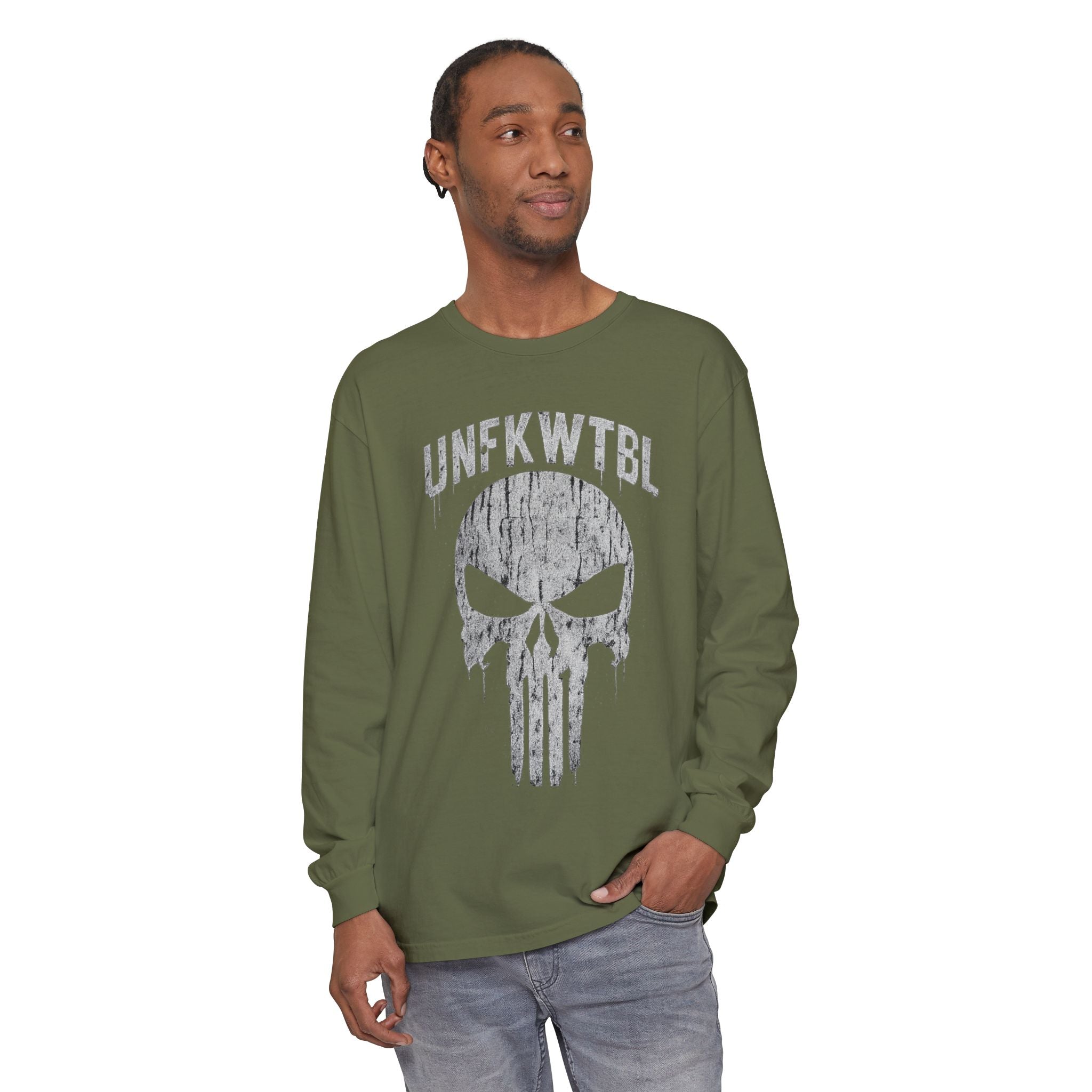 Punisher Skull Long Sleeve Tee — 'UNFKWTBL' Distressed Graphic