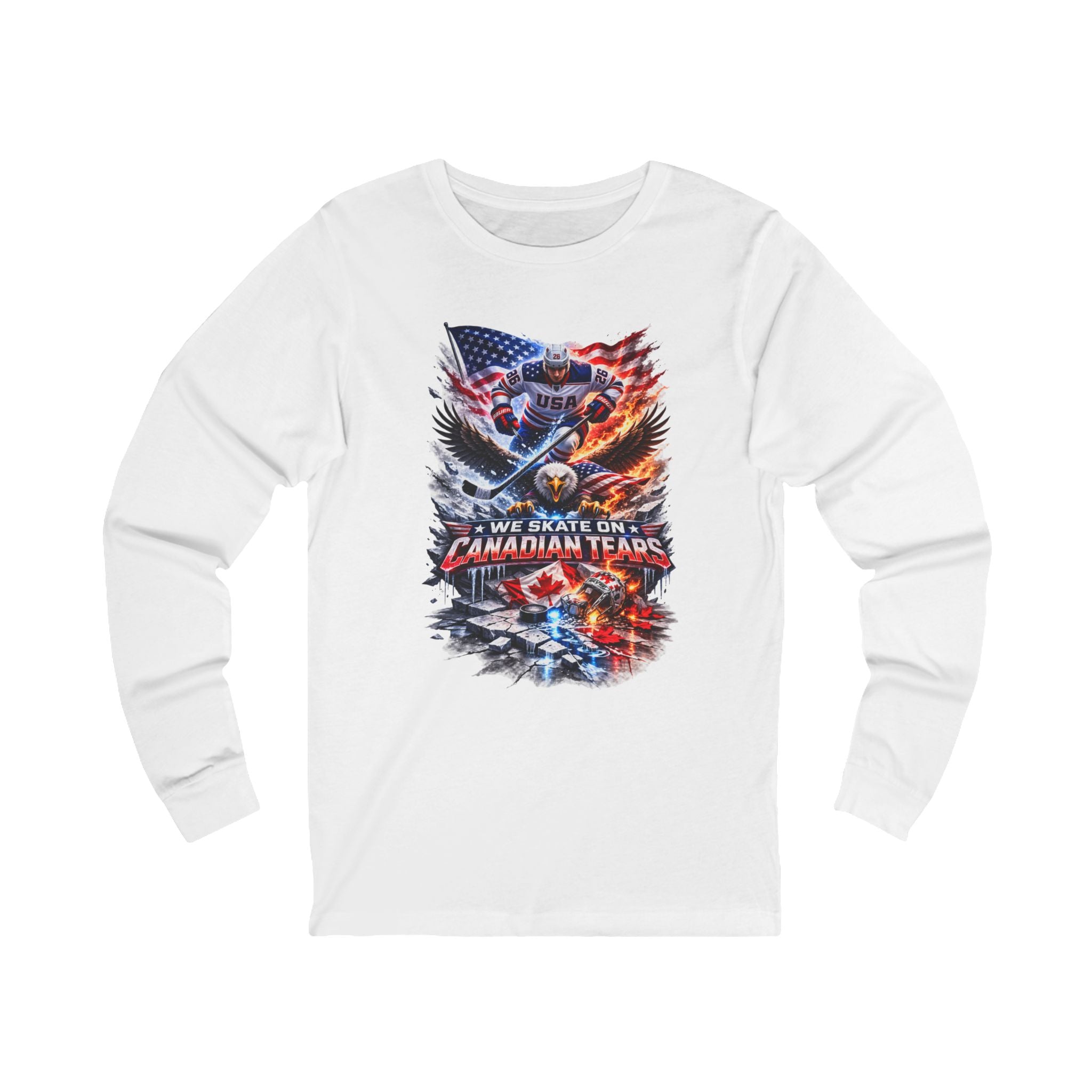 Hockey Player USA Flag Long Sleeve Tee – “We Skate On Canadian Tears” Patriotic Hockey Shirt