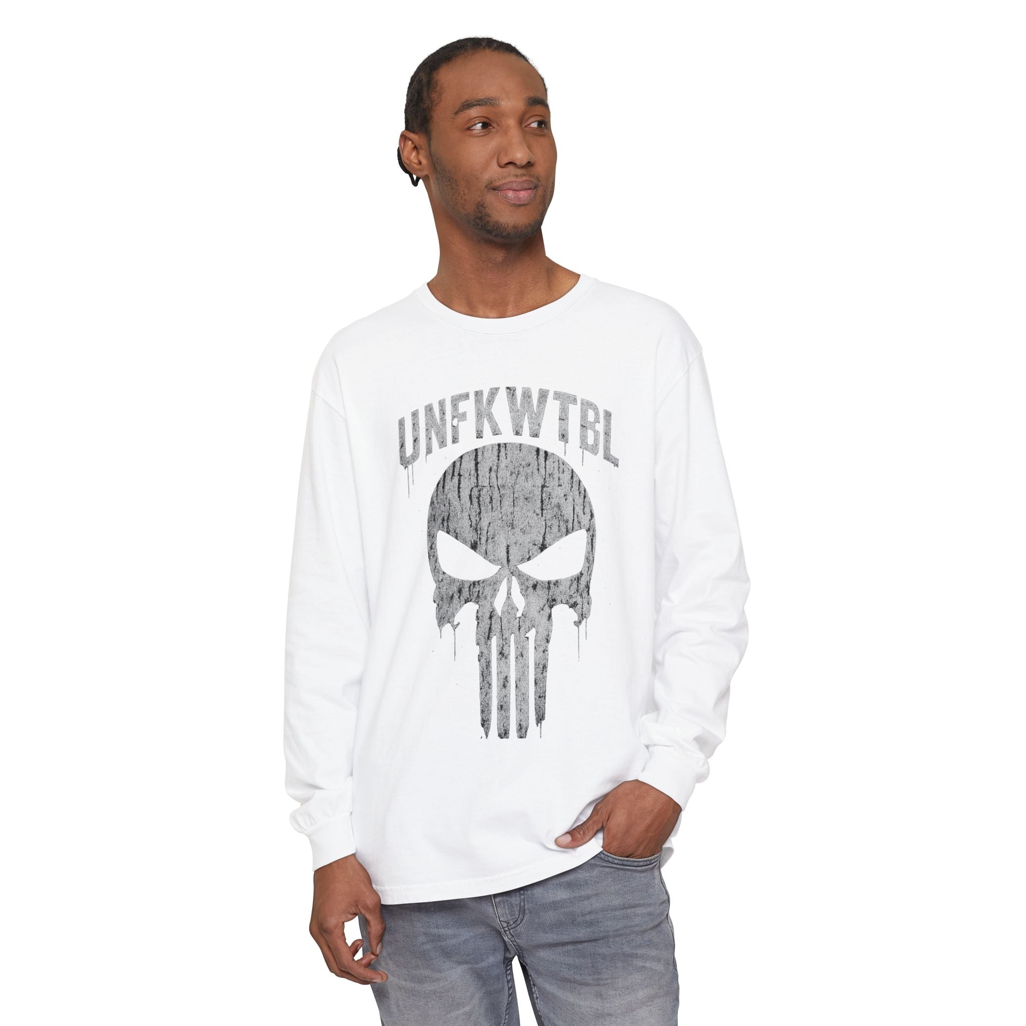 Punisher Skull Long Sleeve Tee — 'UNFKWTBL' Distressed Graphic