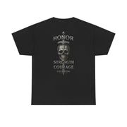 Black T-shirt with skull and sword design featuring the words Honor, Strength & Courage
