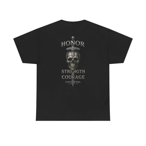 Black T-shirt with skull and sword design featuring the words Honor, Strength & Courage
