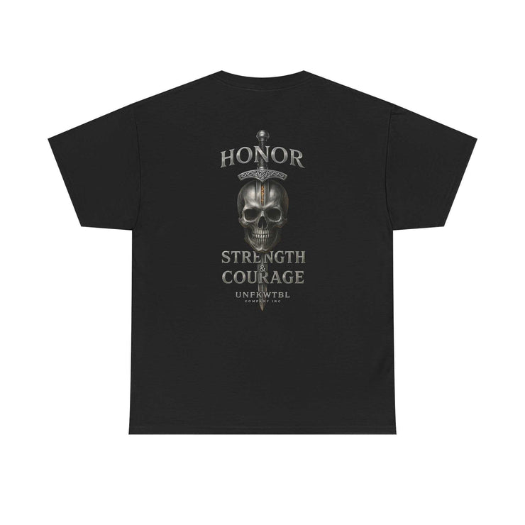 Black T-shirt with skull and sword design featuring the words Honor, Strength & Courage