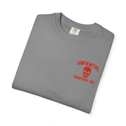 Folded gray graphic tee with red "UNFKWTBL Company Inc" and skull logo, Grim Reaper Hulk mashup design on front