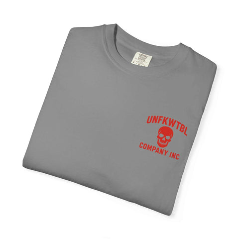 Folded gray graphic tee with red "UNFKWTBL Company Inc" and skull logo, Grim Reaper Hulk mashup design on front