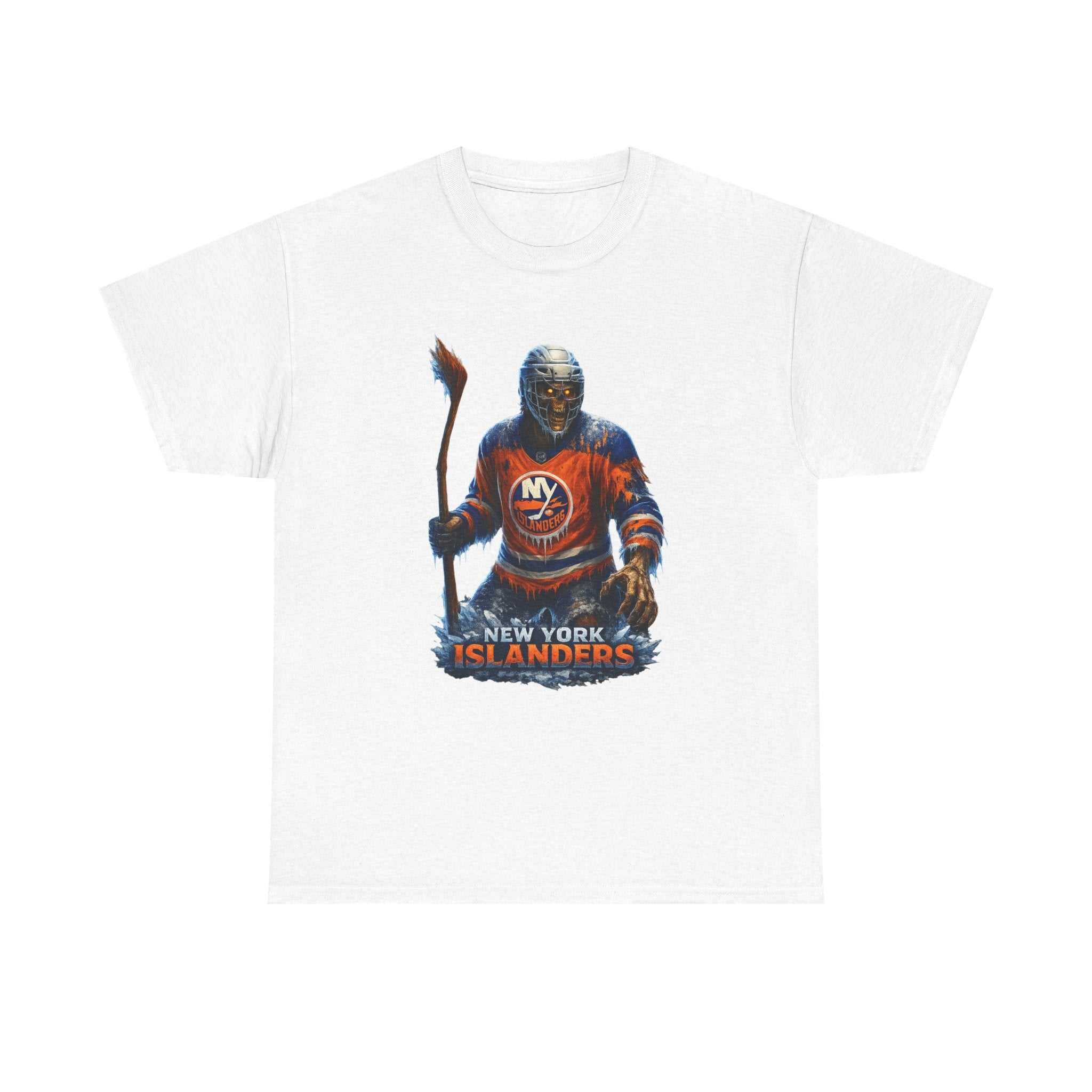 NY ISLANDERS from Hell to the Ice themed hockey T-shirt, 100% US cotton, classic fit, shoulder tape, ribbed collar, bold design for fans