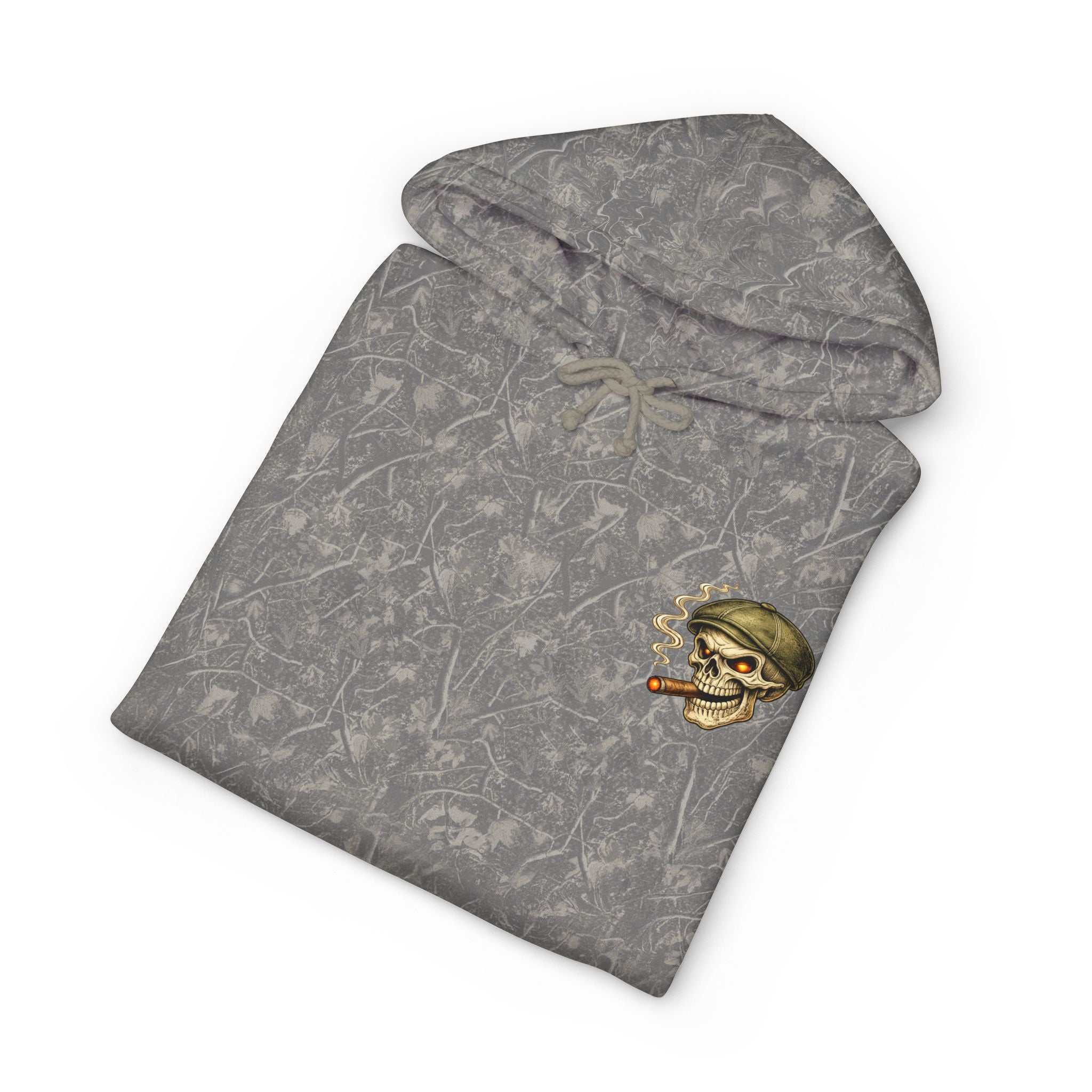 Skull Cigar Hoodie with bold skull and cigar graphic on camo pullover, heavyweight streetwear hoodie for men