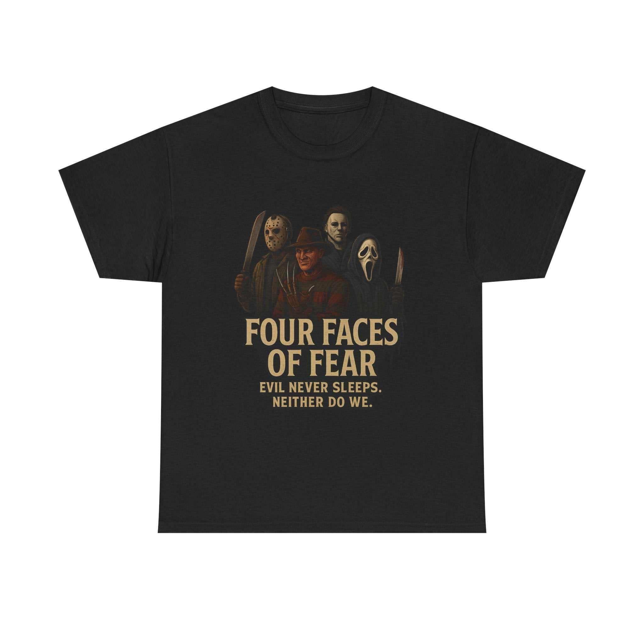 Horror Villains Tee featuring Michael, Freddy, Jason, and Ghostface faces on unisex black T-shirt