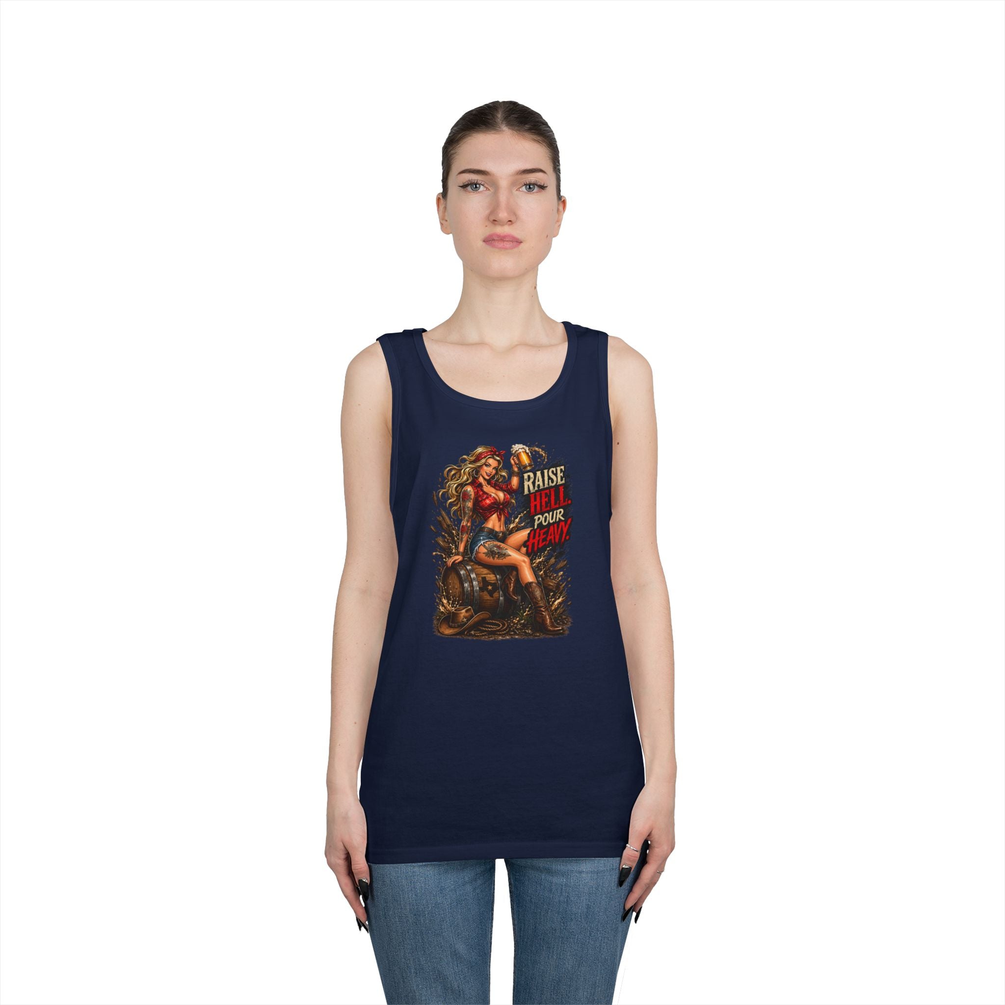 Pinup Biker Tank Top – "Raise Hell, Pour Heavy" Vintage Motorcycle Graphic